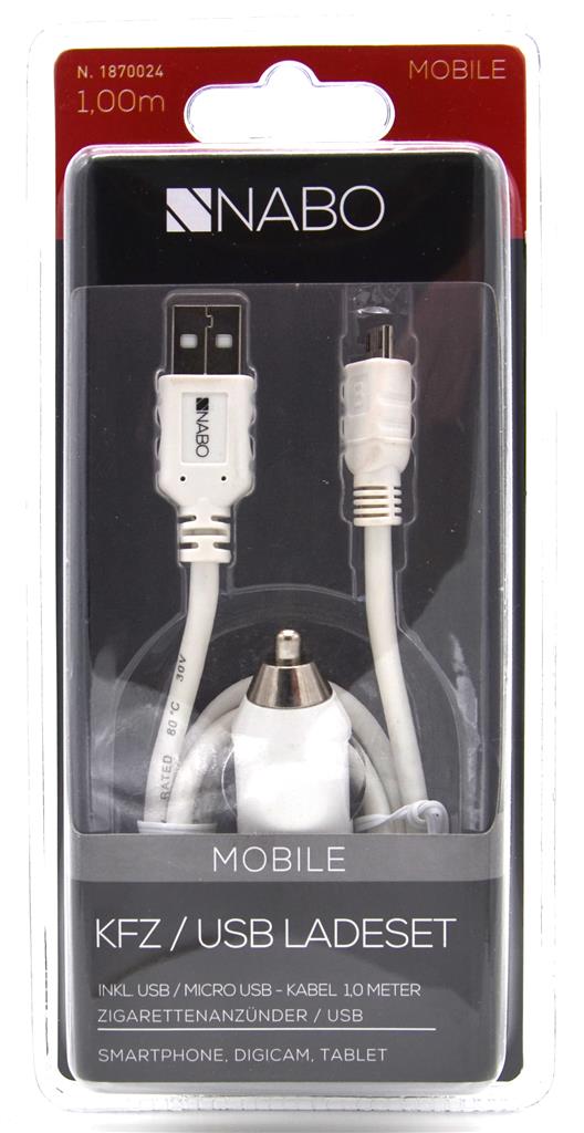 NABO KFZ USB Ladeset USB Micro Kabel + 12 V Adapter 1000mAH