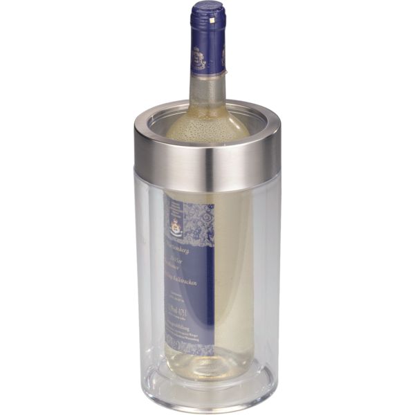 Flaschenkühler Kunststoff, doppelwandig, mit Edelstahlring, transparent